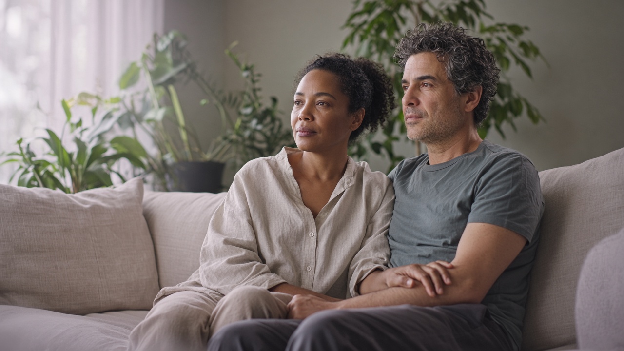 A couple sitting together at home